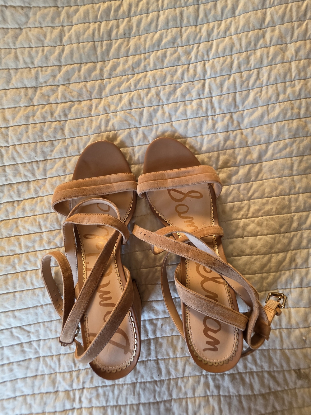 Sam Edelman Strappy Suede Ankle-Tie Sandals in Camel